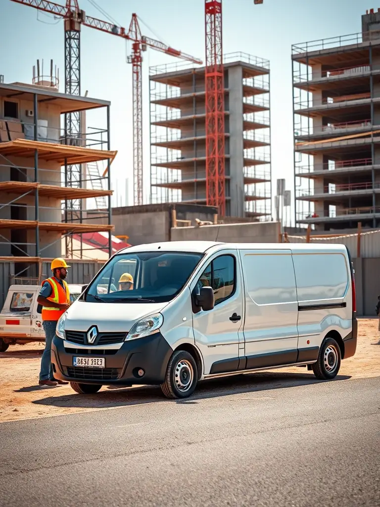 A Renault Trafic van parked at a construction site in Rabat, Morocco, with workers disembarking. The scene is set during a workday, emphasizing the van's practicality for site transport.