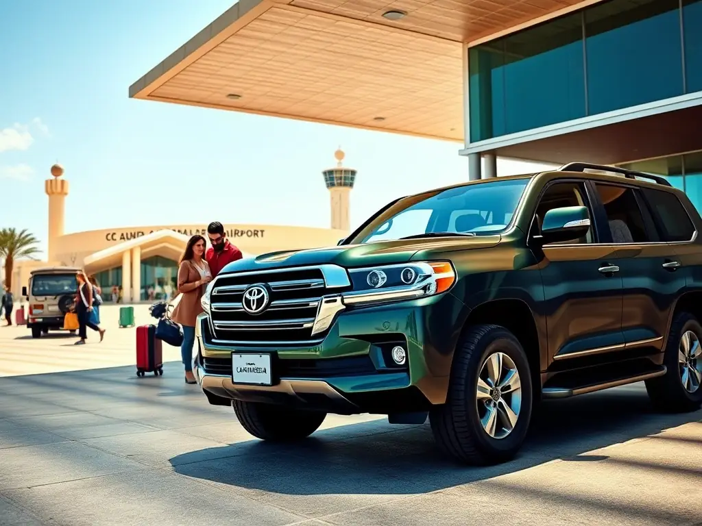 A spacious SUV, like a Toyota Land Cruiser, is shown outside Casablanca Airport, with a family group unloading their luggage. The backdrop features the airport terminal and clear blue skies.