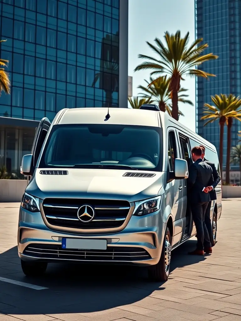 A modern Mercedes-Benz V-Class van parked in front of a corporate building in Casablanca, Morocco, with business people boarding. The scene is set during a sunny day, emphasizing the van's suitability for executive transport.
