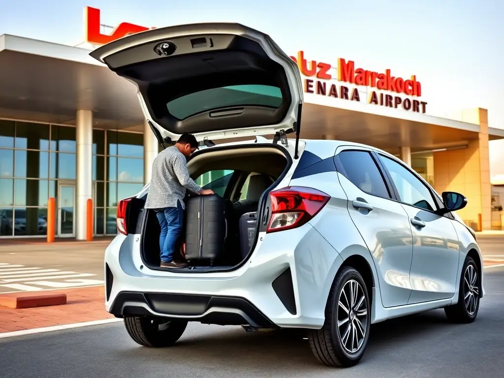 A modern sedan, such as a Toyota Camry, is pictured at Marrakech Airport, with passengers loading luggage. The scene is set during a sunny day, highlighting the convenience of a private airport transfer.