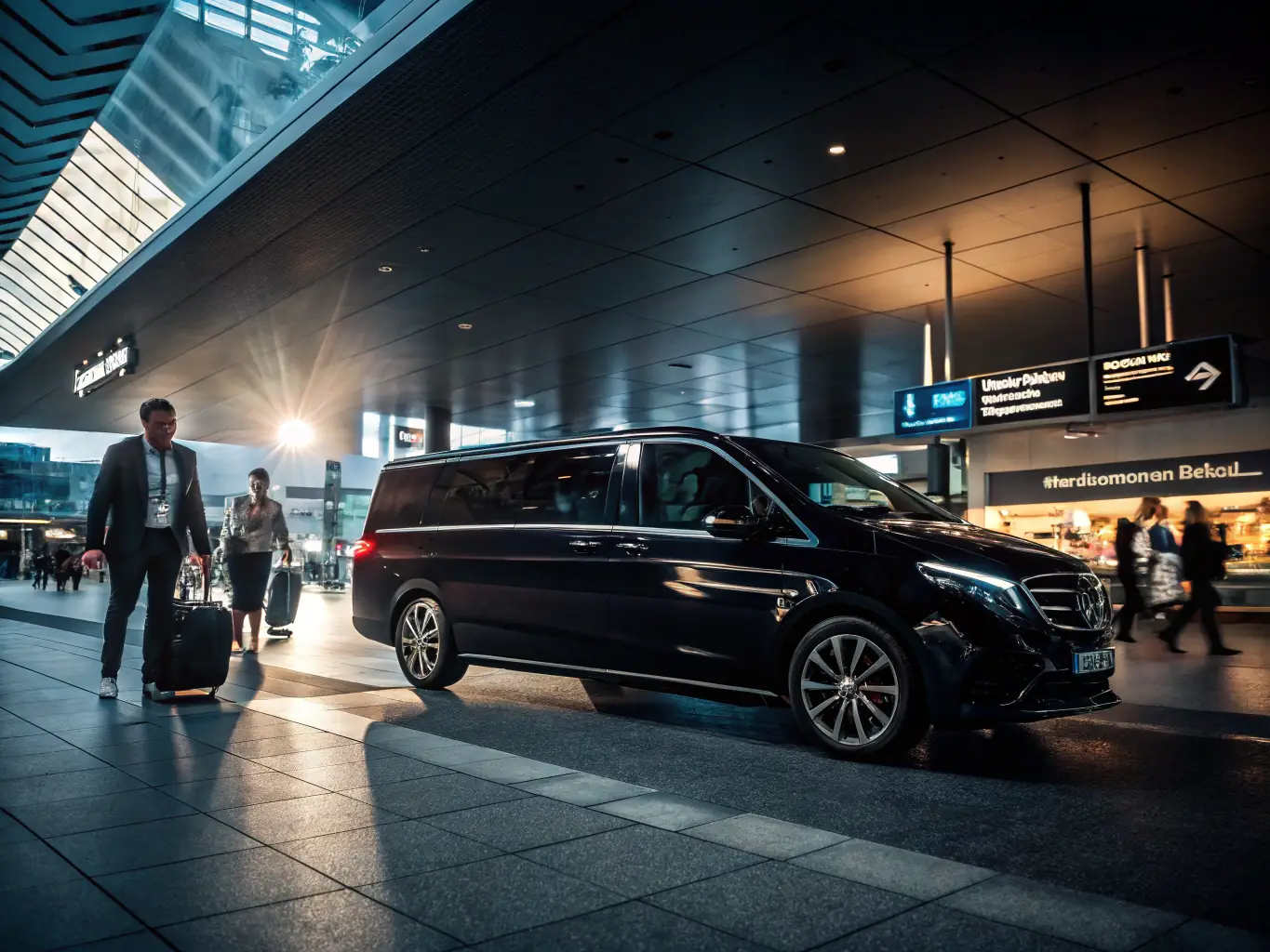 A Mercedes-Benz V-Class van is depicted at Agadir Airport, with a group of tourists boarding. The scene is set in the evening, with the airport lights illuminating the area.